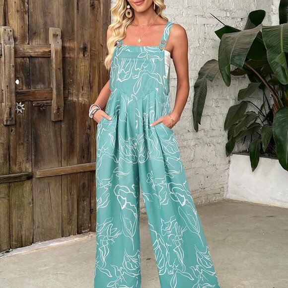 Women's Jumpsuits Summer Floral Print Boho Overalls Loose fit Wide Leg Baggy Lon - Picture 7 of 7